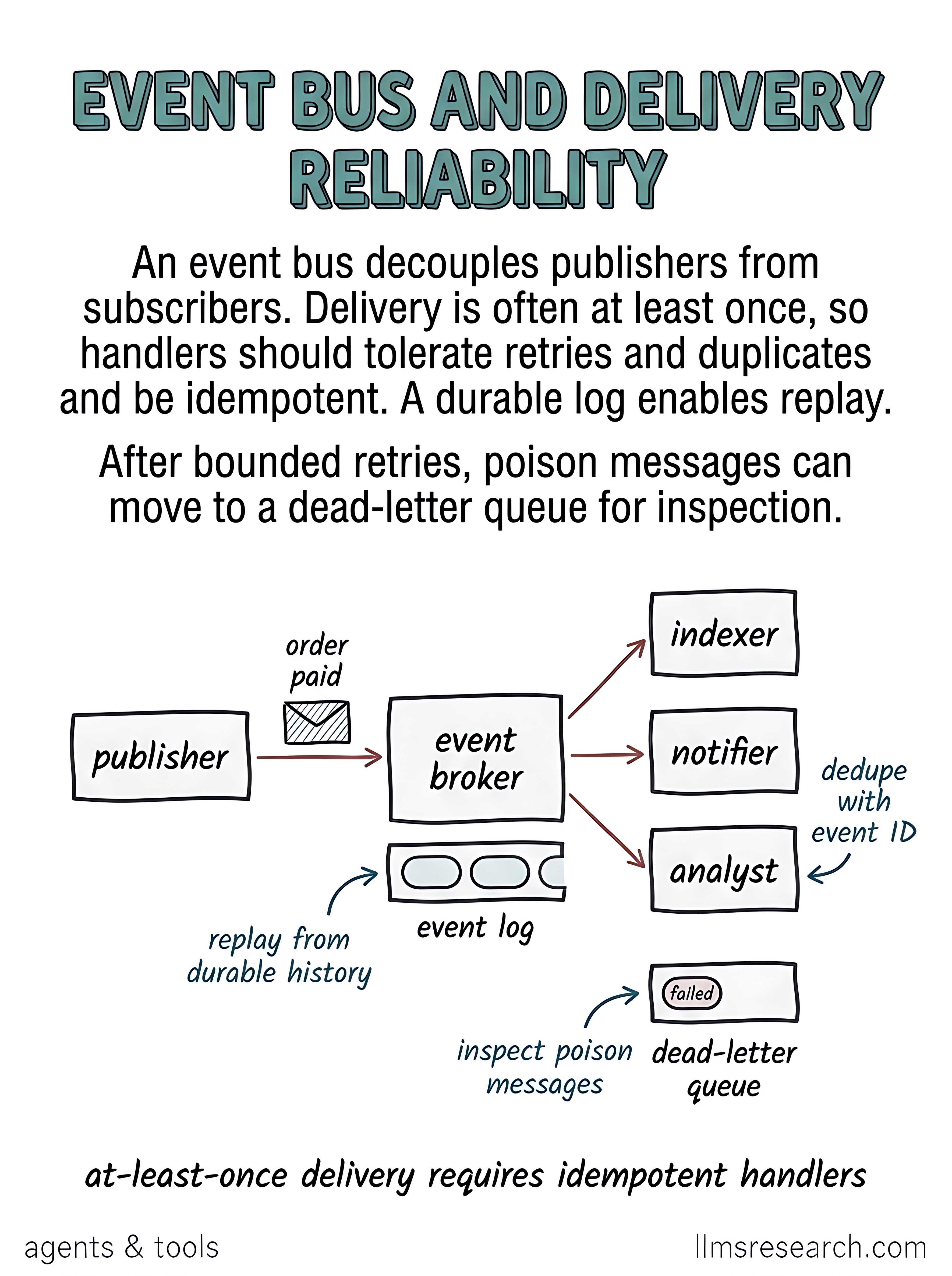 An event bus decouples publishers from subscribers. Delivery is often at least once, so handlers must be idempotent, tolerate duplicates, and use durable logs and dead-letter queues for poison messages.